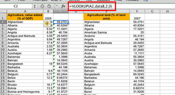 Image showing data being merged with a vlookup formula